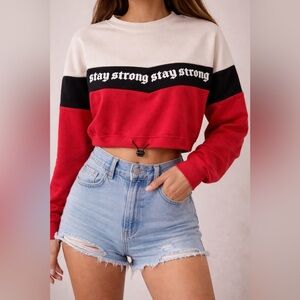 Stay Strong Colorblock Cropped Sweatshirt - Red/Black/White